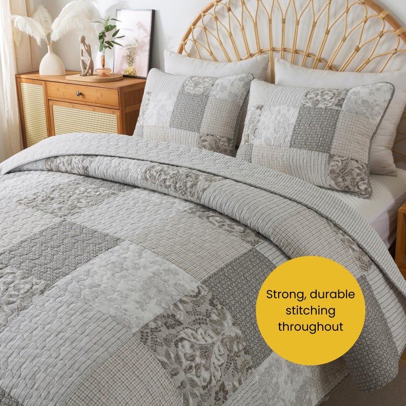 SLPR Silver Linings Cotton Quilt Set - Queen Size with 2 Shams, Neutral Pieced Patchwork Design, Country Silver Gray Quilted Comforter, Lightweight Summer Farmhouse Bedspread - Image 4